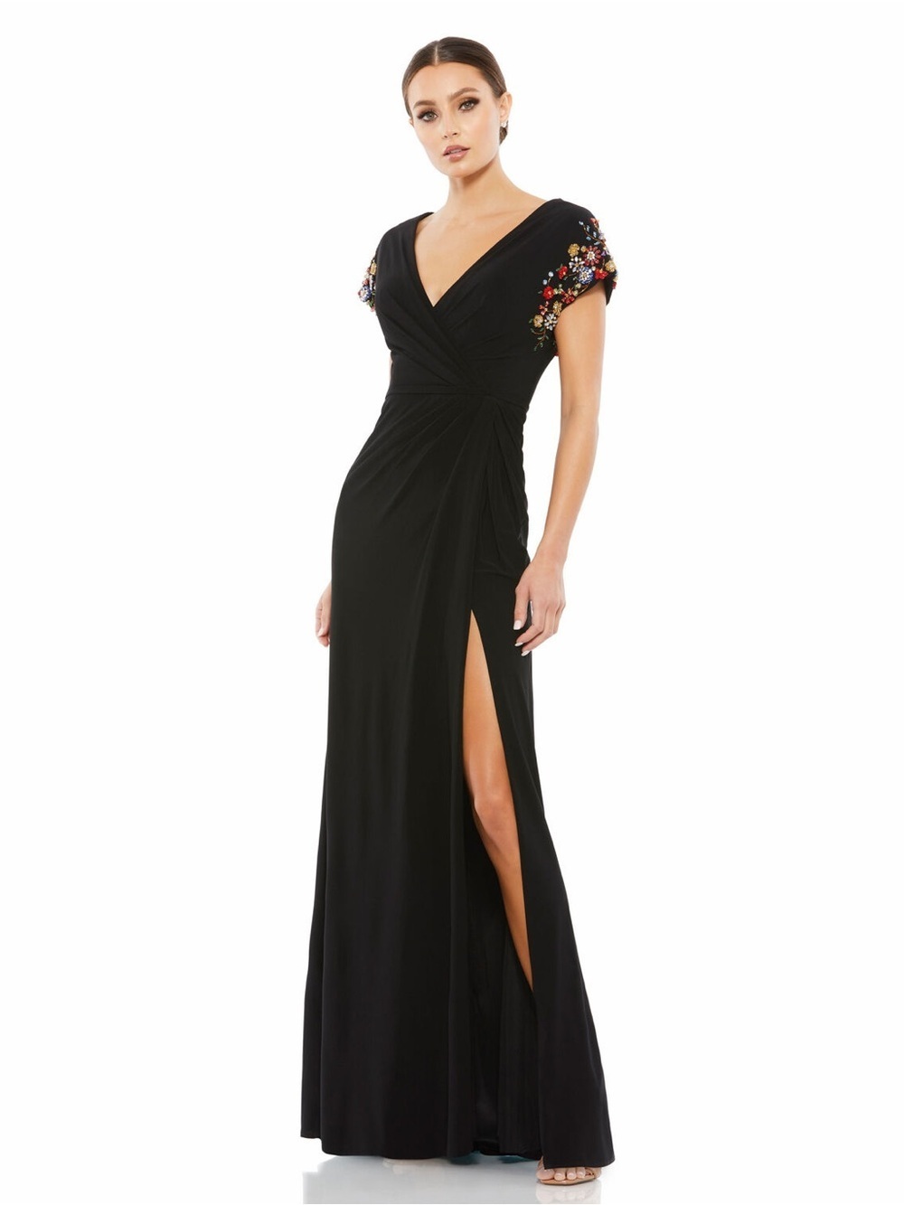 NWT Mac Duggal Embellished Sleeve Jersey Wrap Black Gown Size 2 Evening Dress